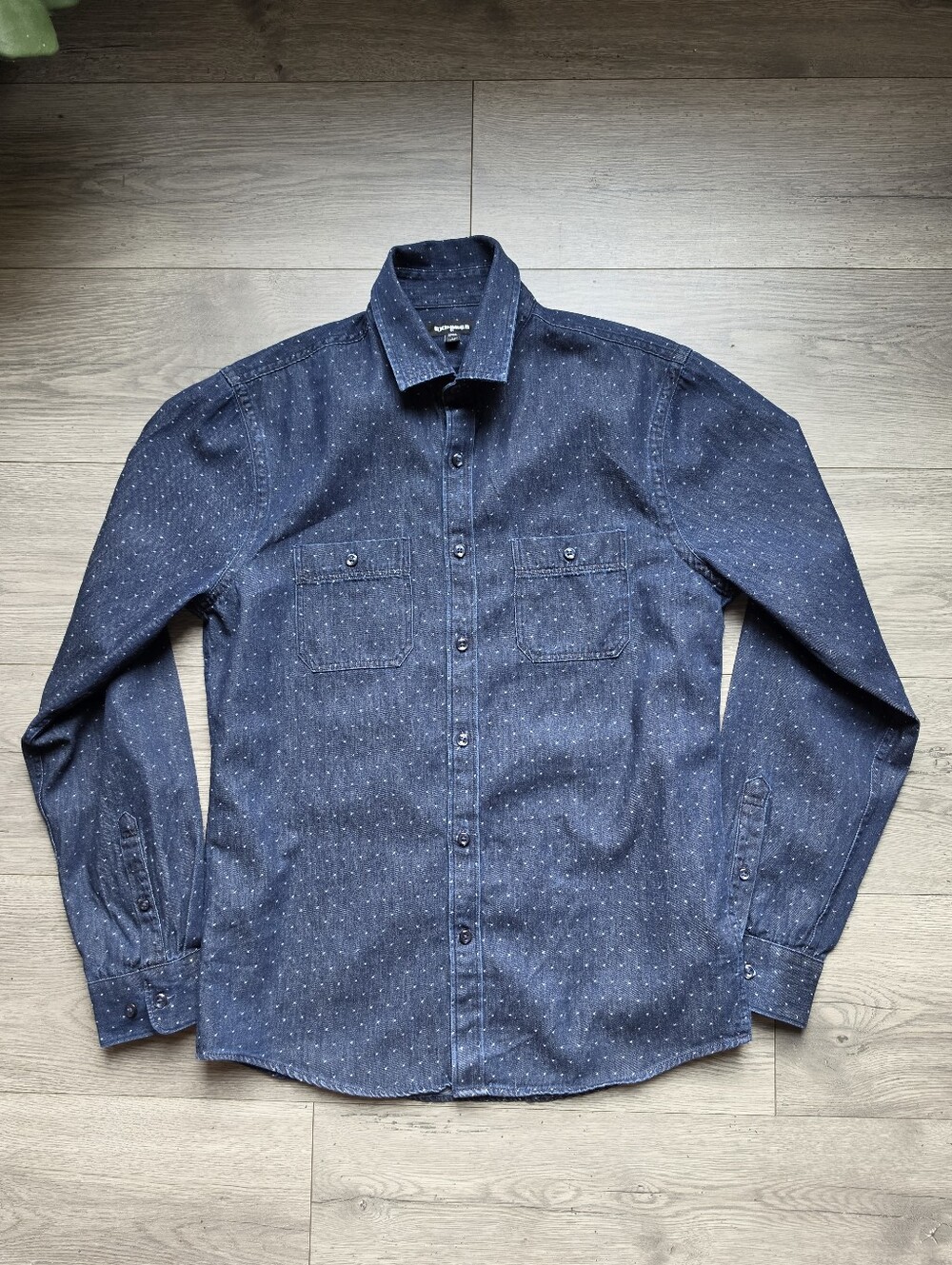 Express Men Navy Dot Long-Sleeve Button Down Shirt, Dark Chambray S 100% COTTON